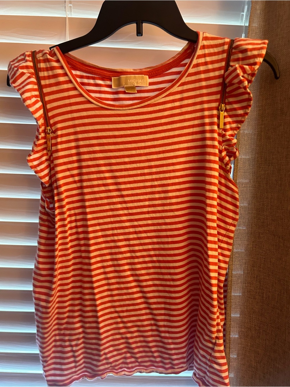 Michael Kors Orange& White Striped Ruffle Sleeve Tank